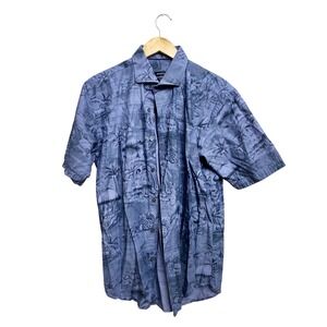 Bugatchi Mens Classic Fit Tropical Island Map Print Short Sleeve Button Up Blue
